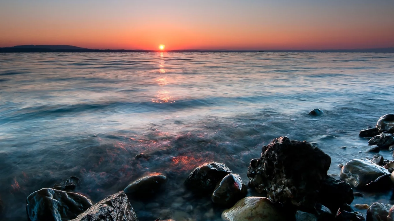 солнце, закат, море, камни