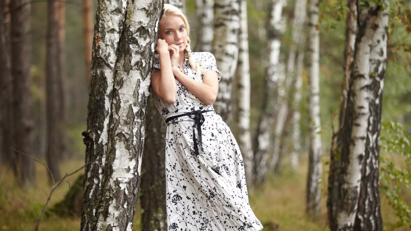лес, березы, девушка