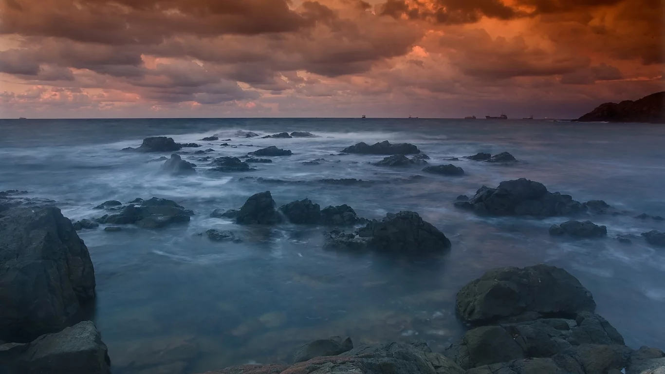 камни, закат, море