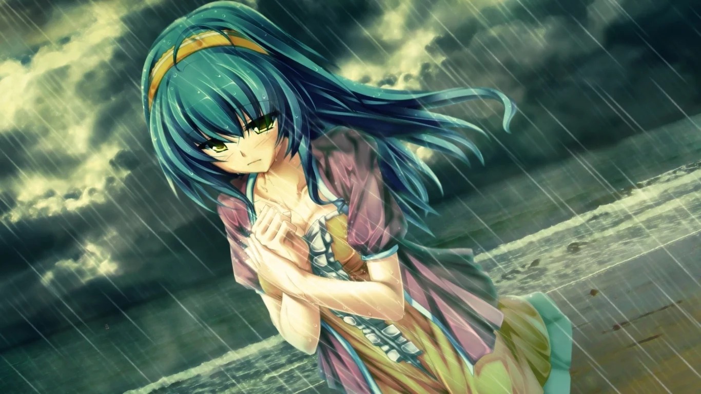 дождь, touhou, девушка, вода, аниме, небо