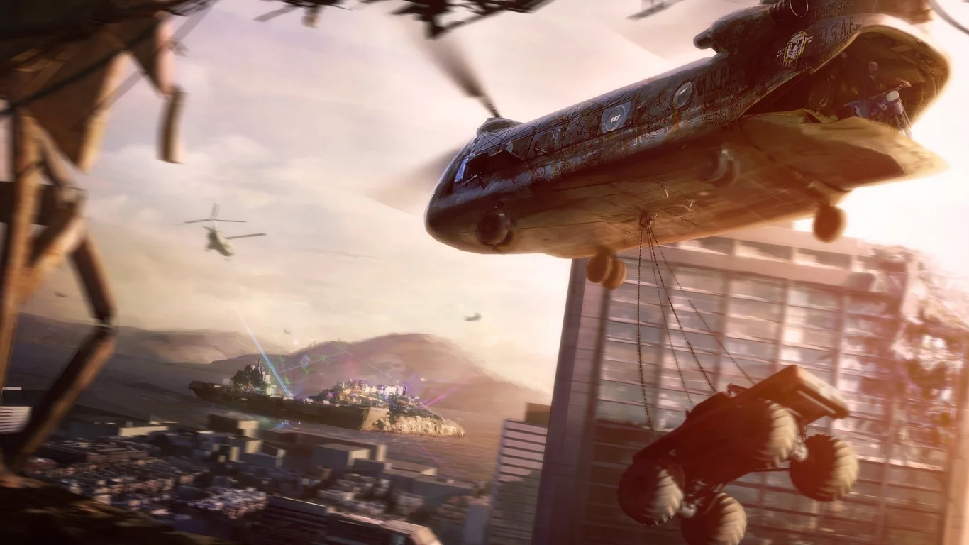город, motorstorm, apocalypse, вертолет, монстр