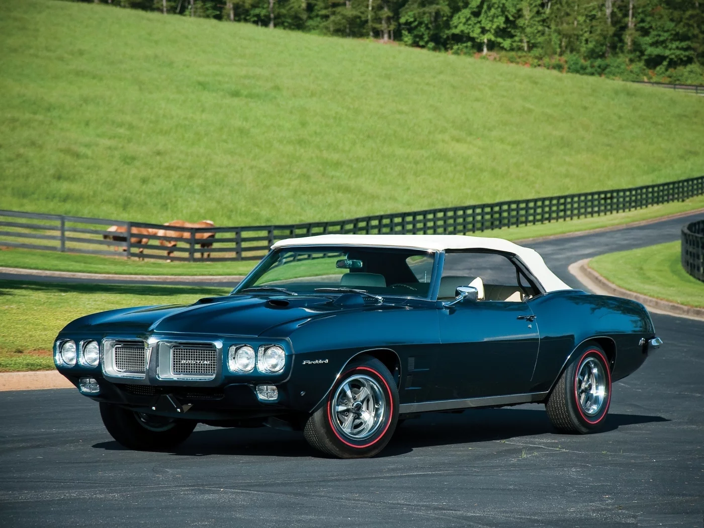 pontiac, air iv convertible, firebird, 400 ram, дорога, лошади, изгородь