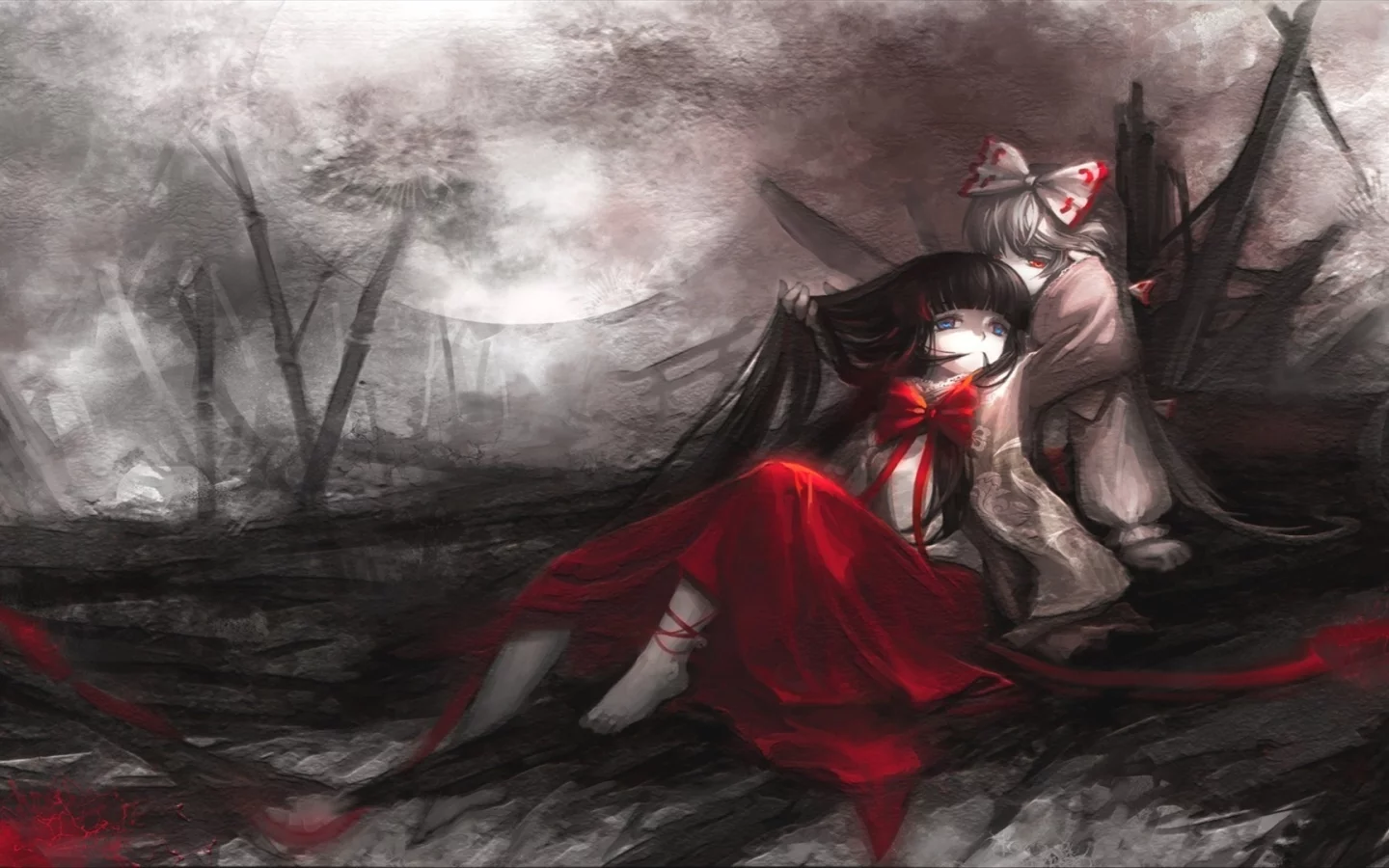 бант, touhou, развалины, аниме, девушки, луна