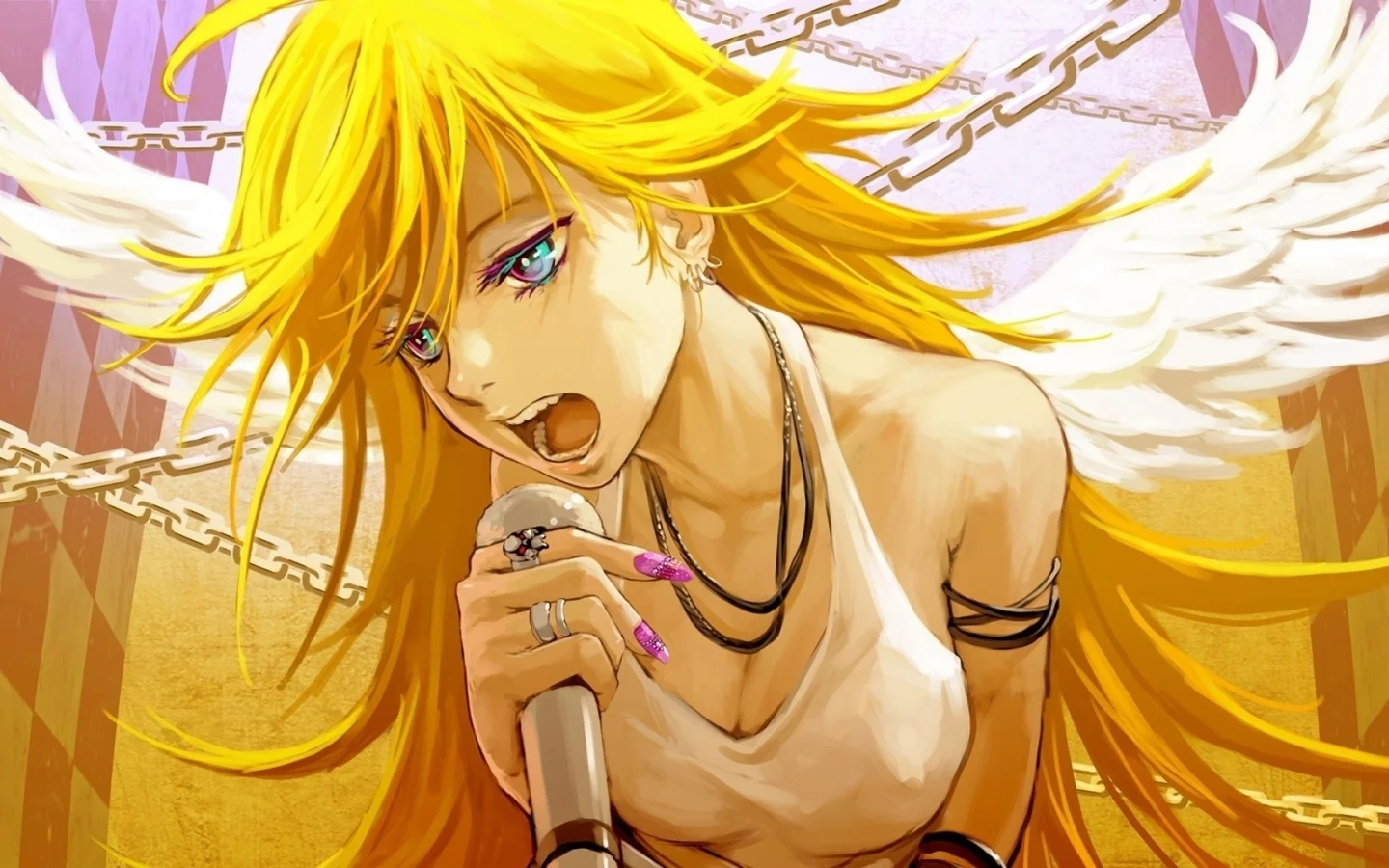 крылья, панти, ногти, девушка, ангел, panty___stocking with garterbelt, микрофон, цепи