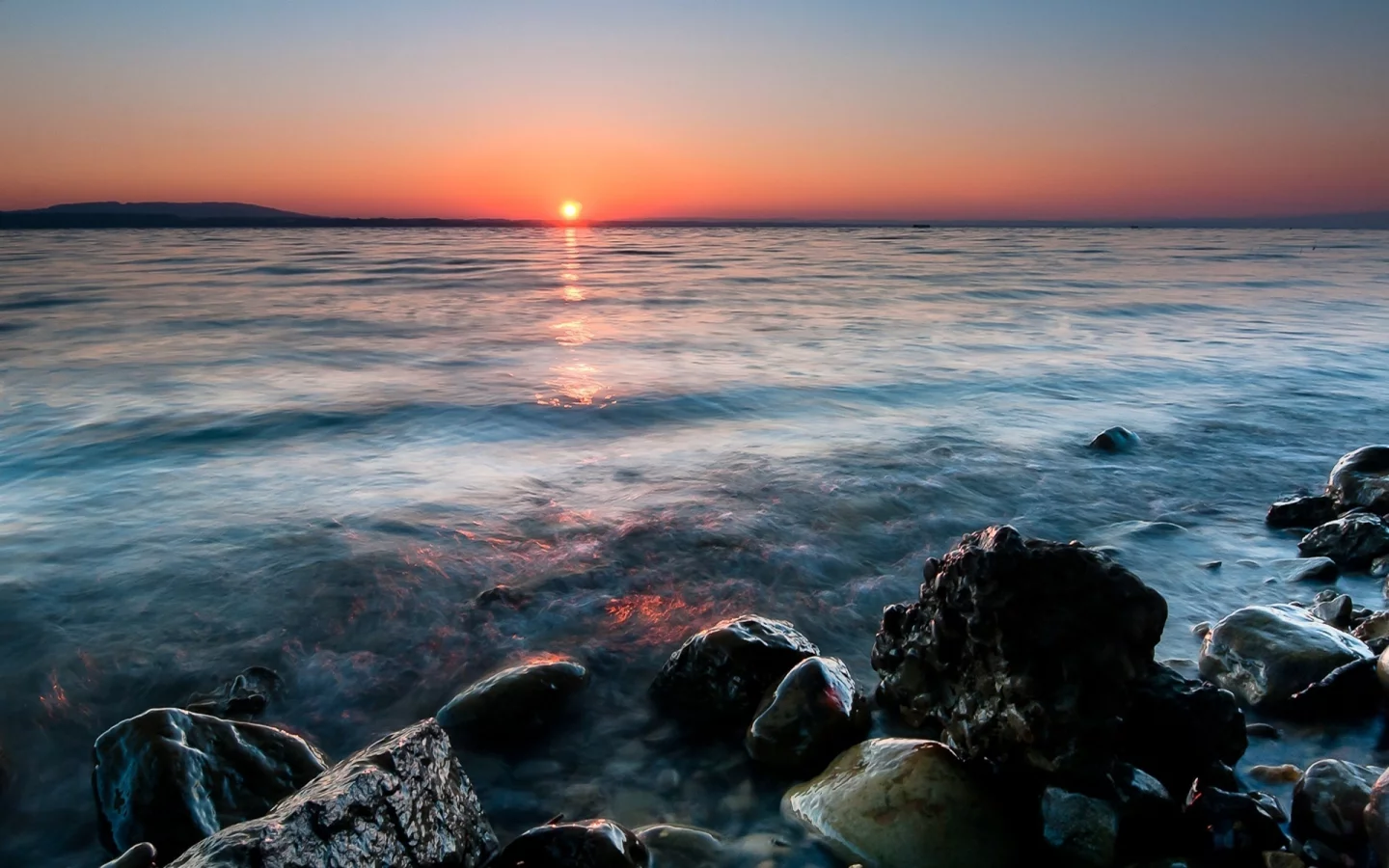 солнце, закат, море, камни