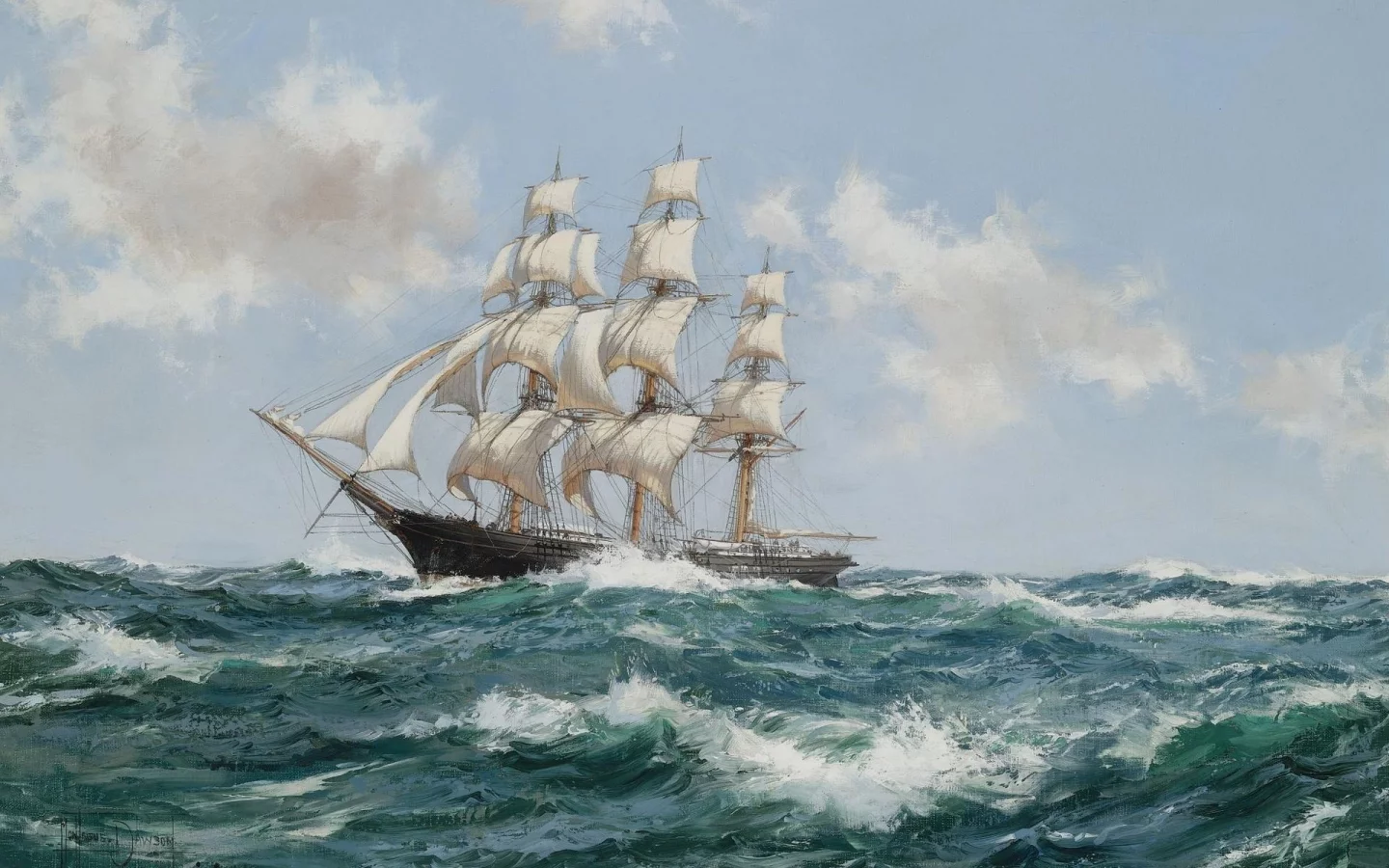 montague dawson, облака, парусник, корабль, море