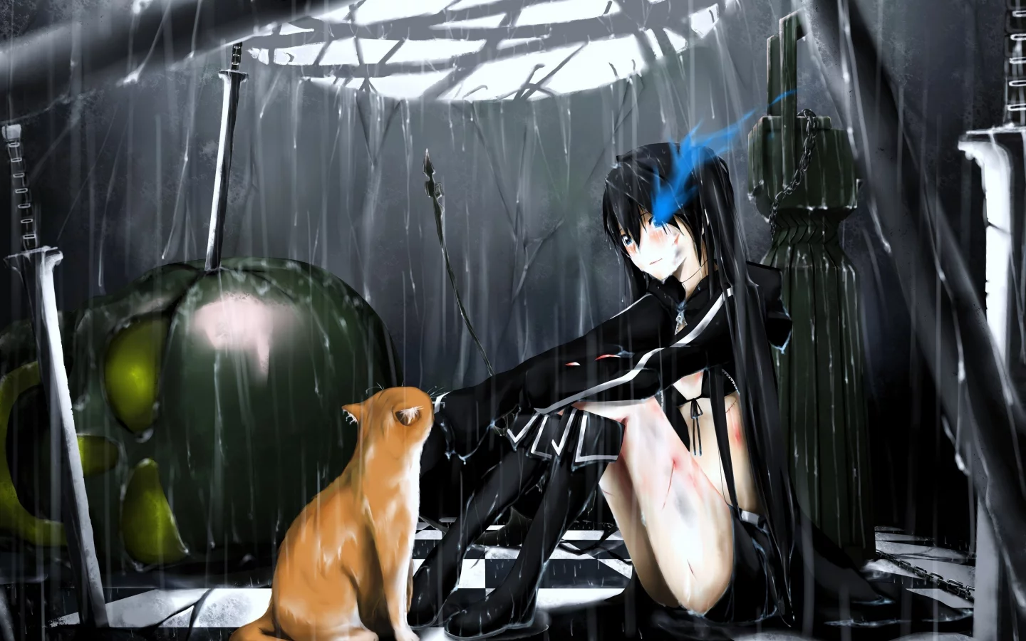 mato kuroi, оружие, кошка, череп, дождь, black rock shooter, кот, девушка, меч