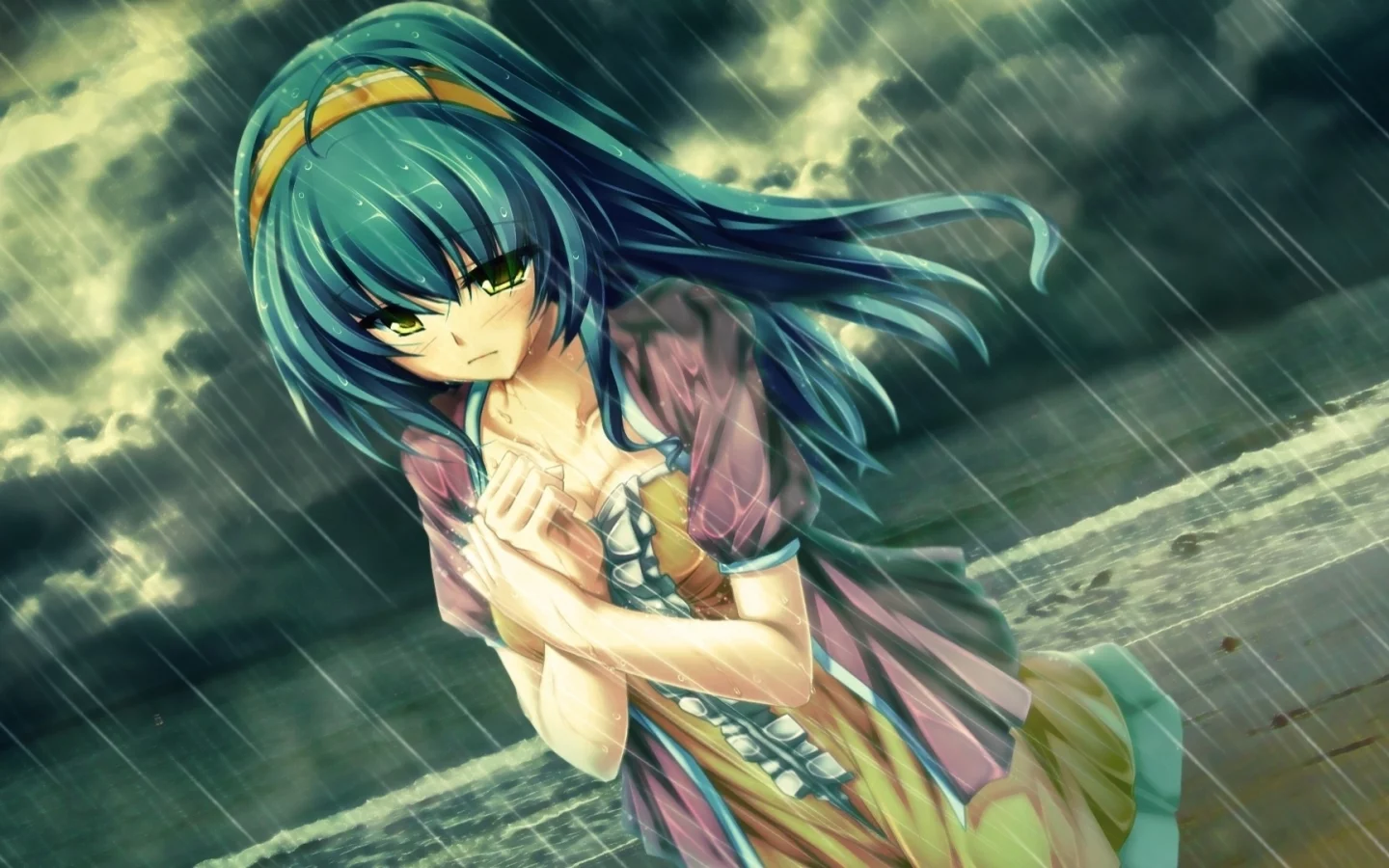 дождь, touhou, девушка, вода, аниме, небо