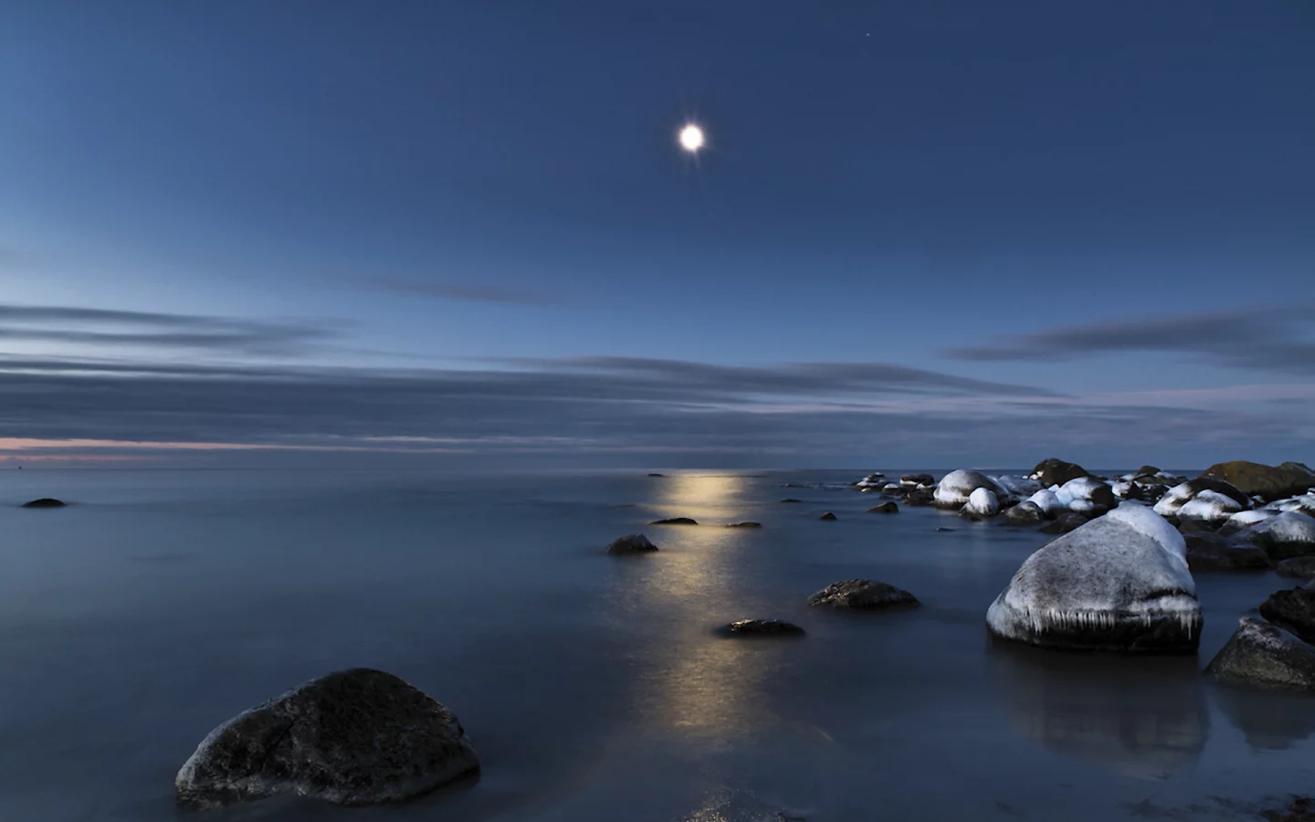 море, свет, луна, отражение, вода, камни