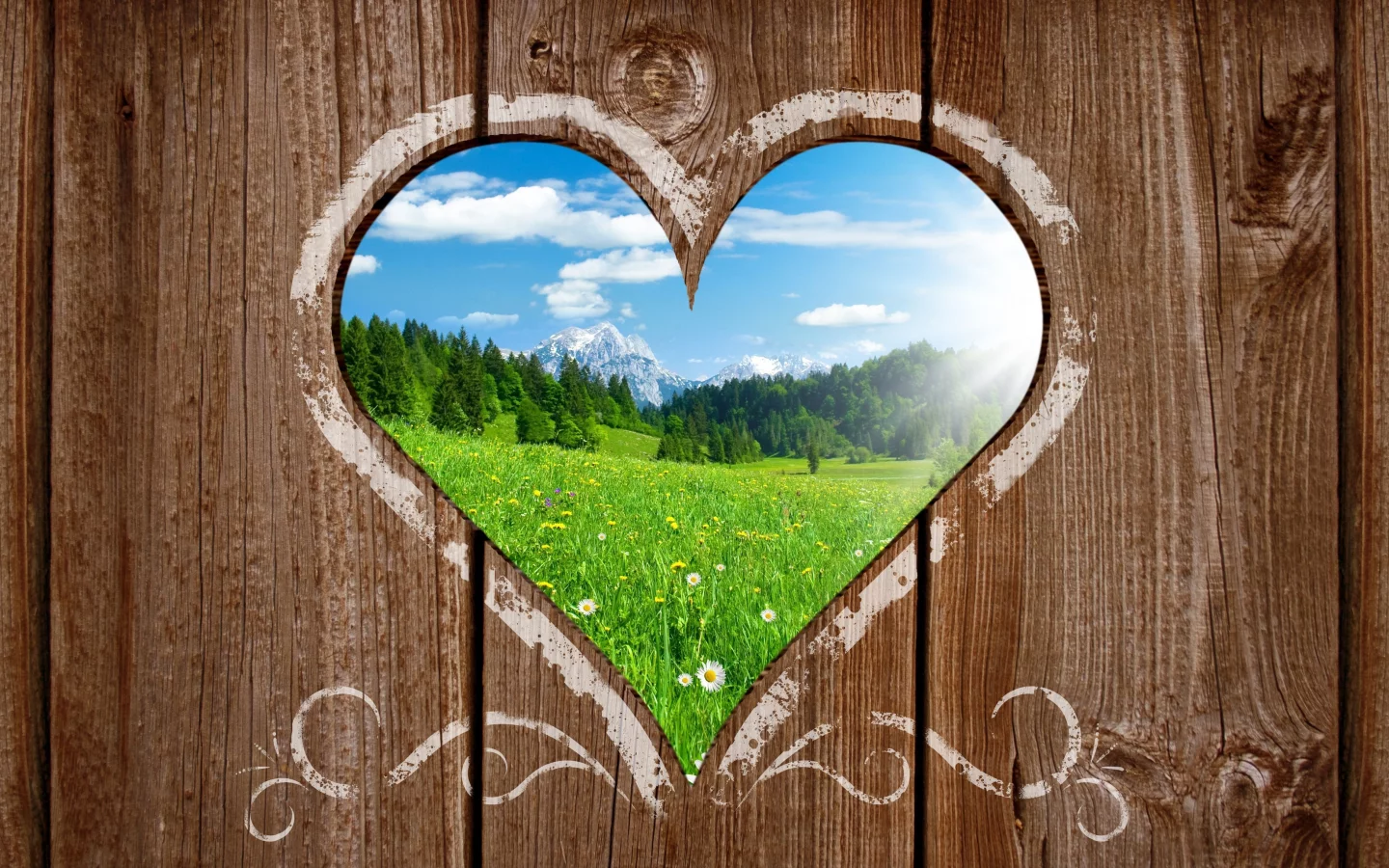 красивый, поляна, heart view, сердце, зелёная, деревянный, солнечный, горы, тёплый, пейзаж, landscape, забор, вид