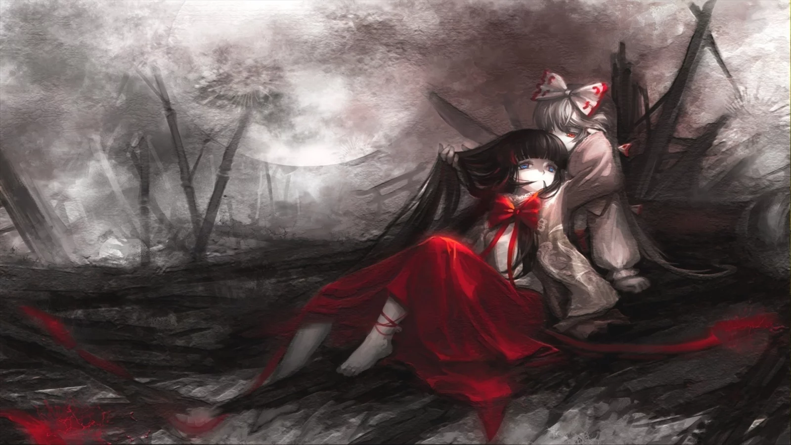 бант, touhou, развалины, аниме, девушки, луна