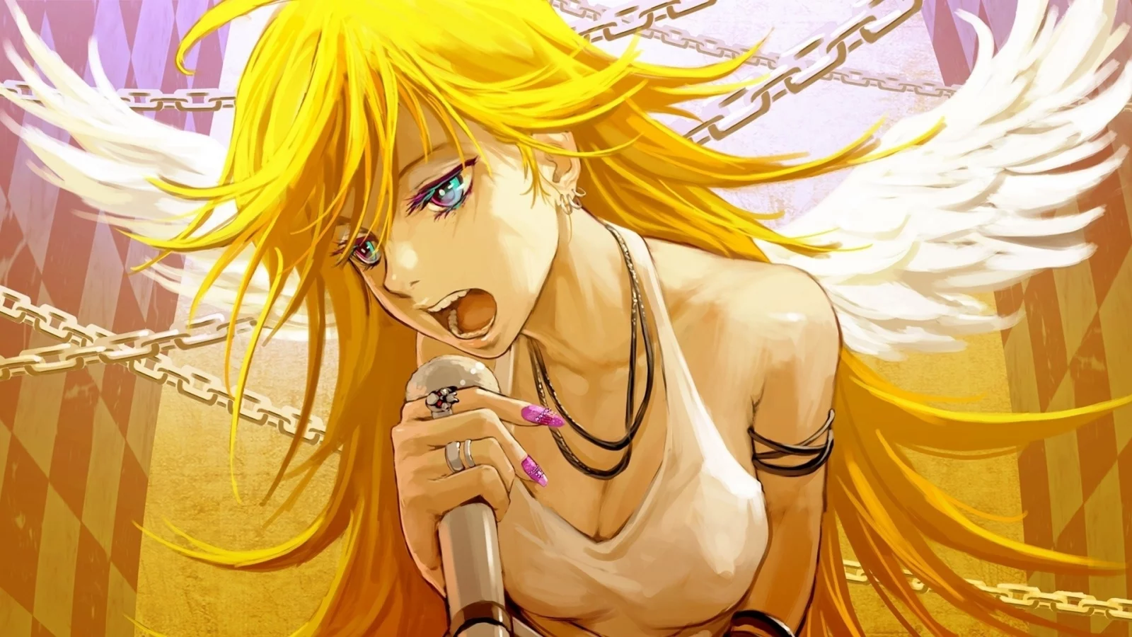 крылья, панти, ногти, девушка, ангел, panty___stocking with garterbelt, микрофон, цепи