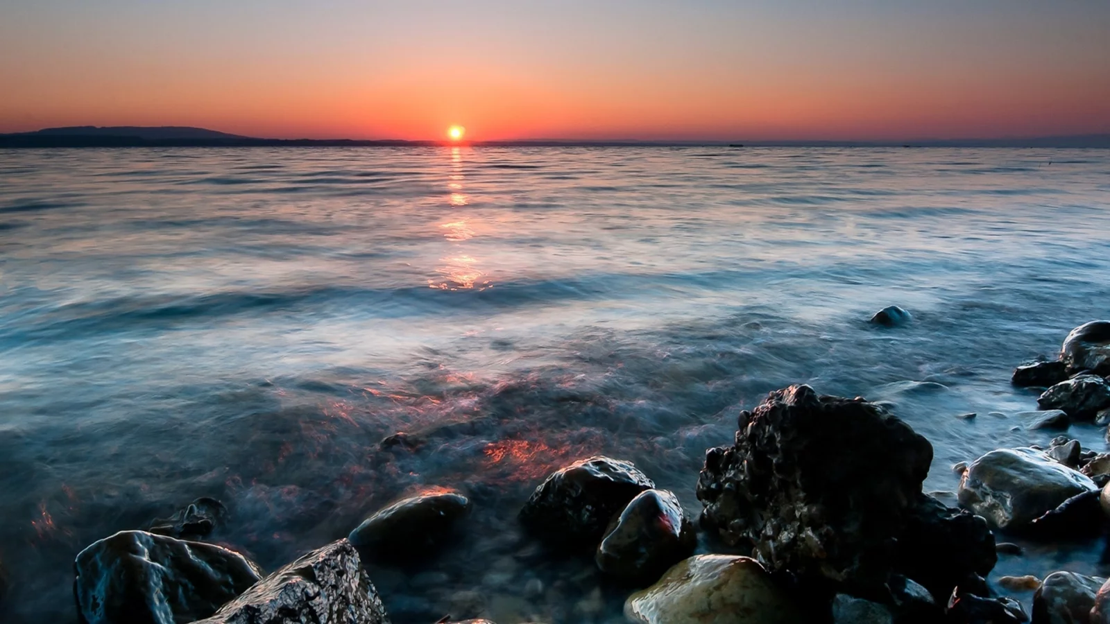 солнце, закат, море, камни