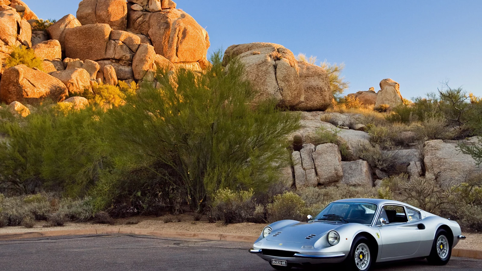небо, машина, скалы, ferrari, солнце, dino 246gt, деревья, серебряный