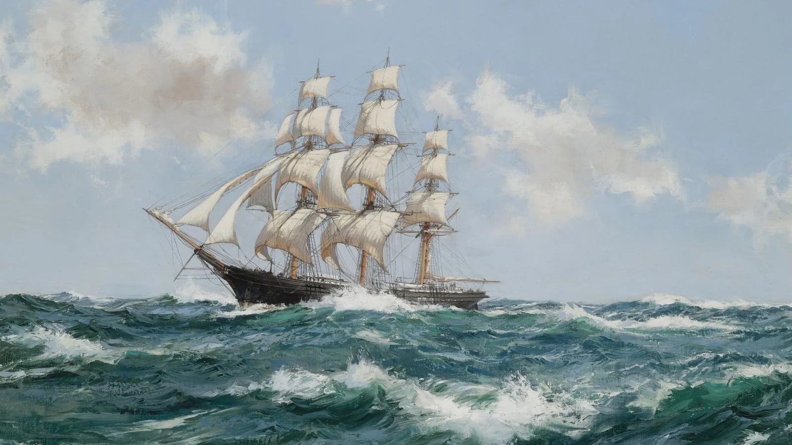 montague dawson, облака, парусник, корабль, море