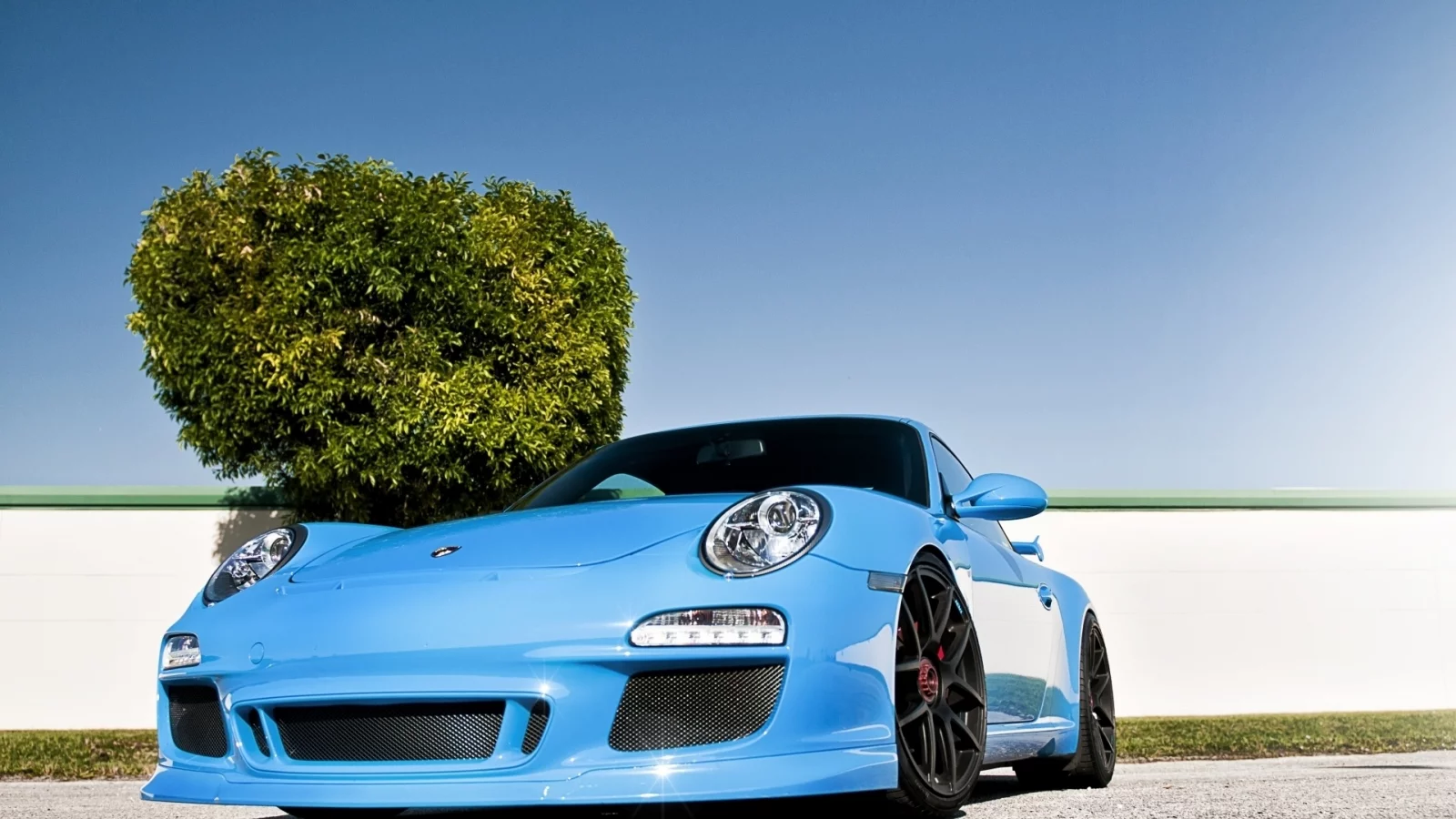 дерево, голубой, забор, передок, суперкар, tuning, 911, порше, porsche, тюнинг, небо