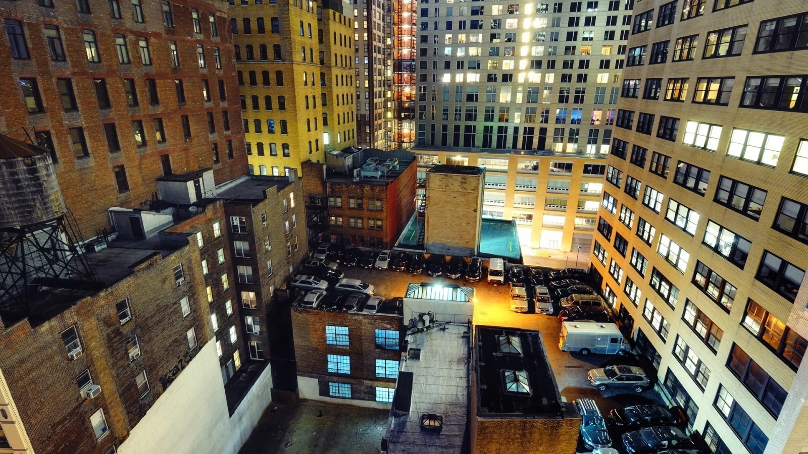 new york city, ночь, manhattan, night, огни, нью-йорк, cars on roofs, financial district, nyc