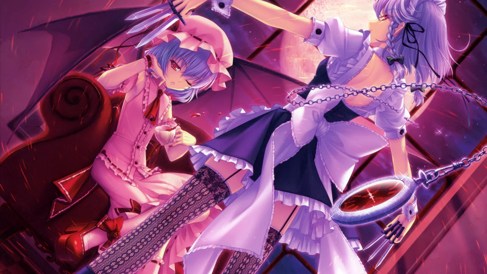 remilia scarlet, окно, ножи, крылья, цепь, девушки, луна, izayoi sakuya, часы, touhou