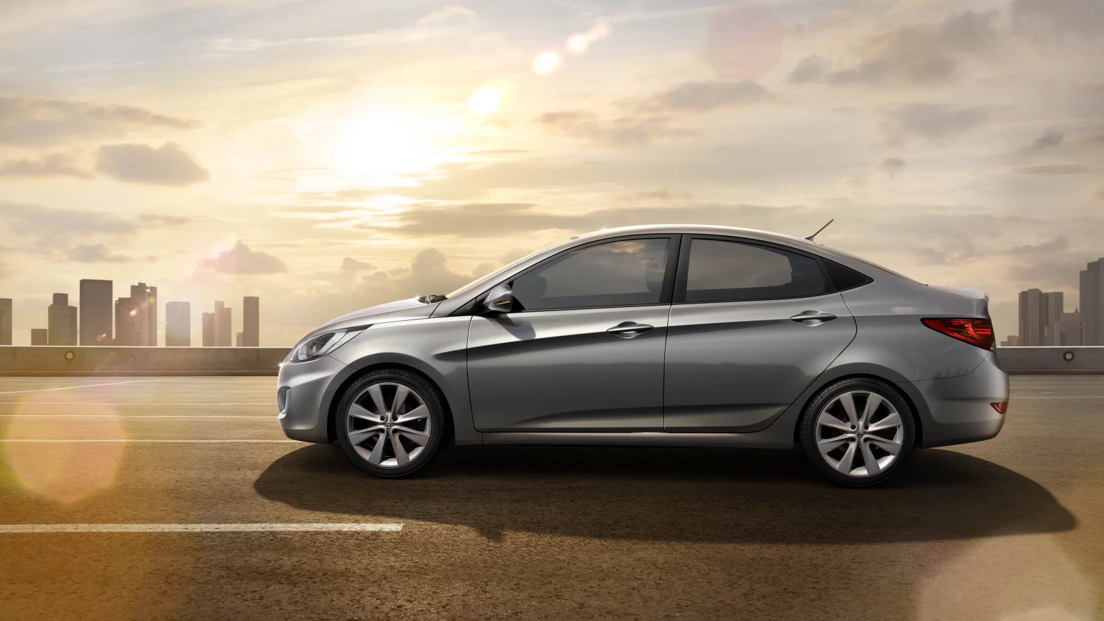солнце, solaris, здания, дорога, hyundai