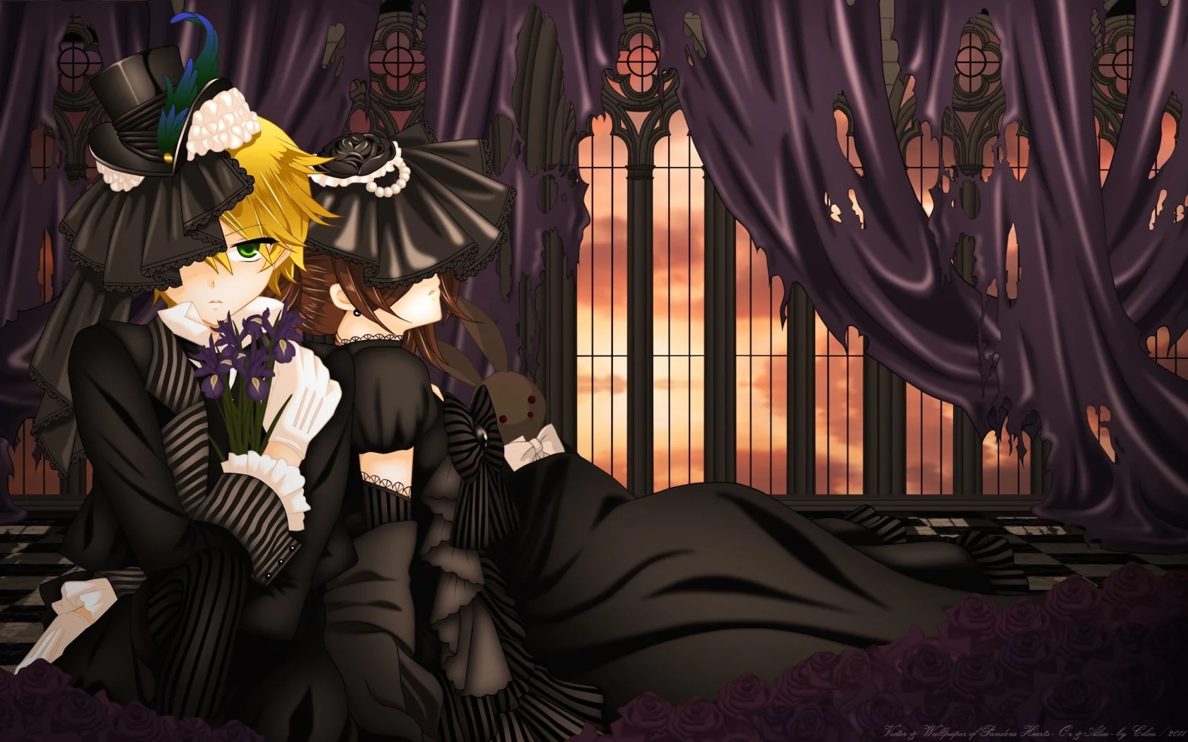 зайчик, окна, alice, шторы, oz vessalius, парень, девушка, pandora hearts, розы