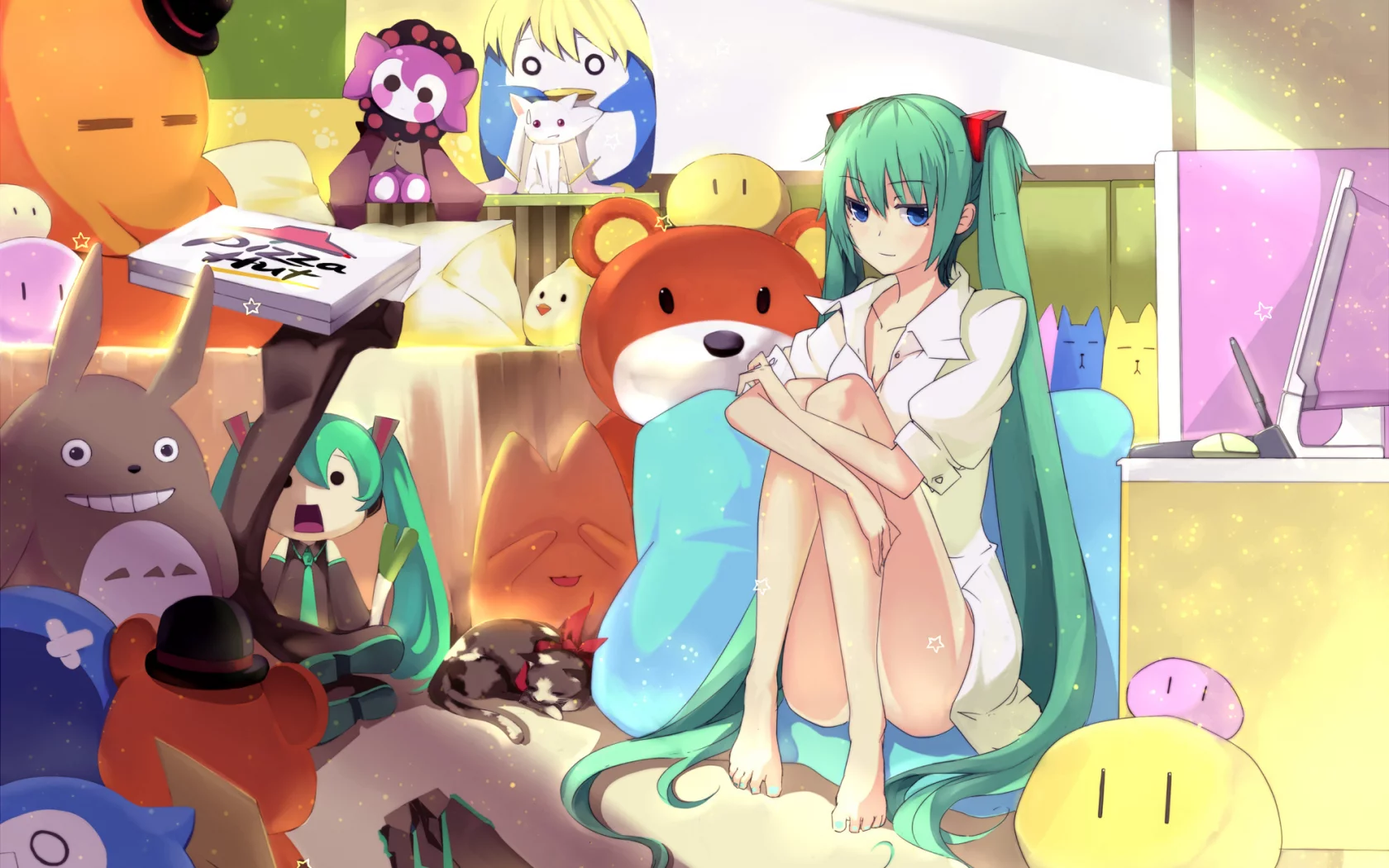 vocaloid, пицца, hatsune miku, компьютер, девушка, игрушки, комната