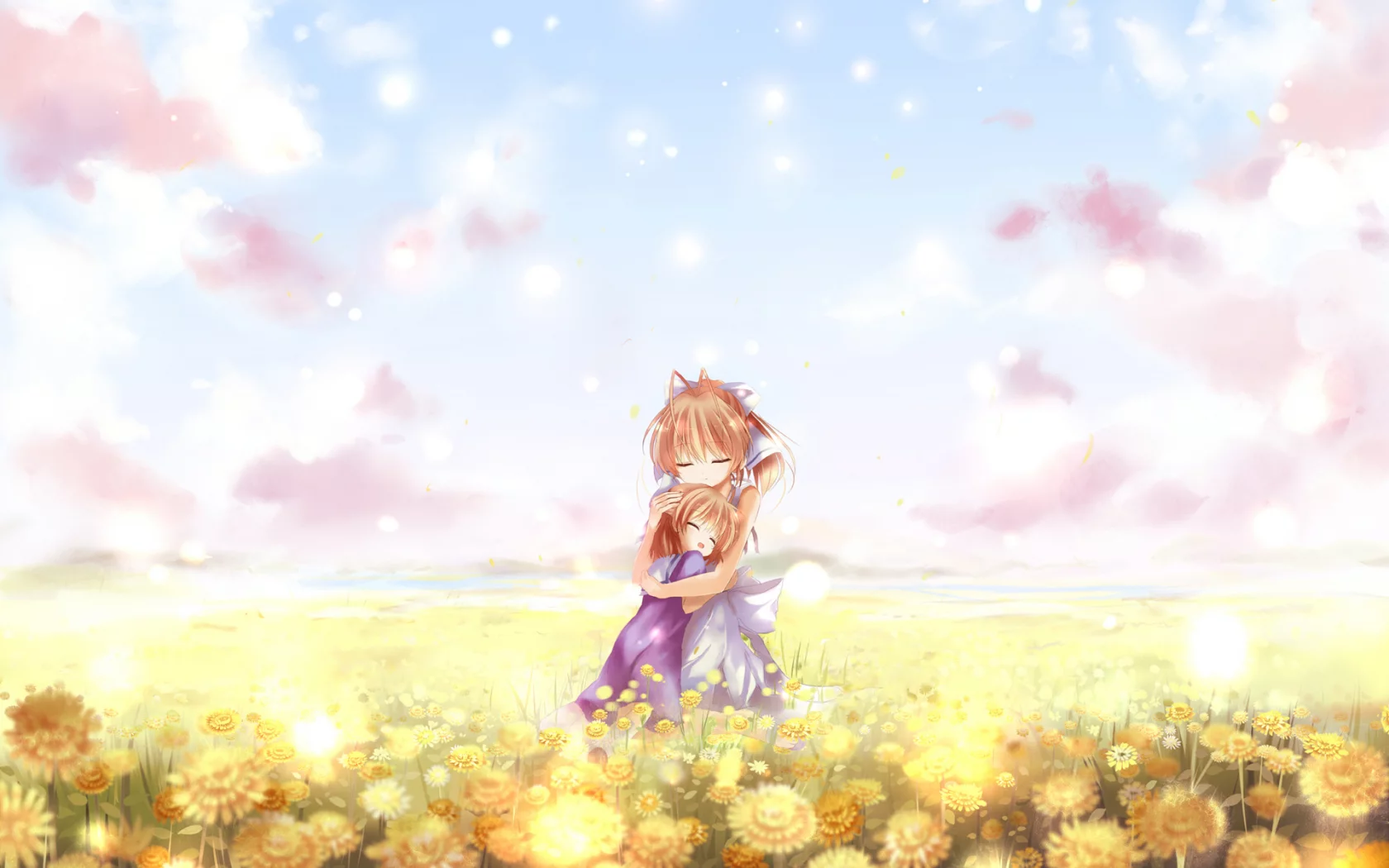 ushio okazaki, цветы, двое, поле, clannad, nagisa furukawa