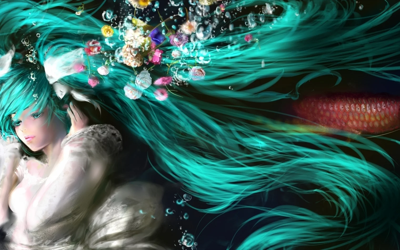 рыба, цветы, под водой, волосы, hatsune miku, пузыри, vocaloid