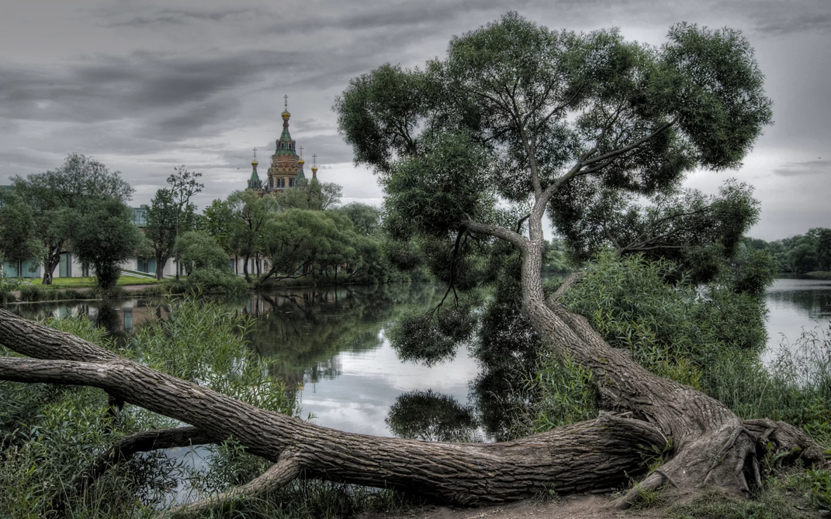 тучи, озеро, дерево, облака, природа, собор