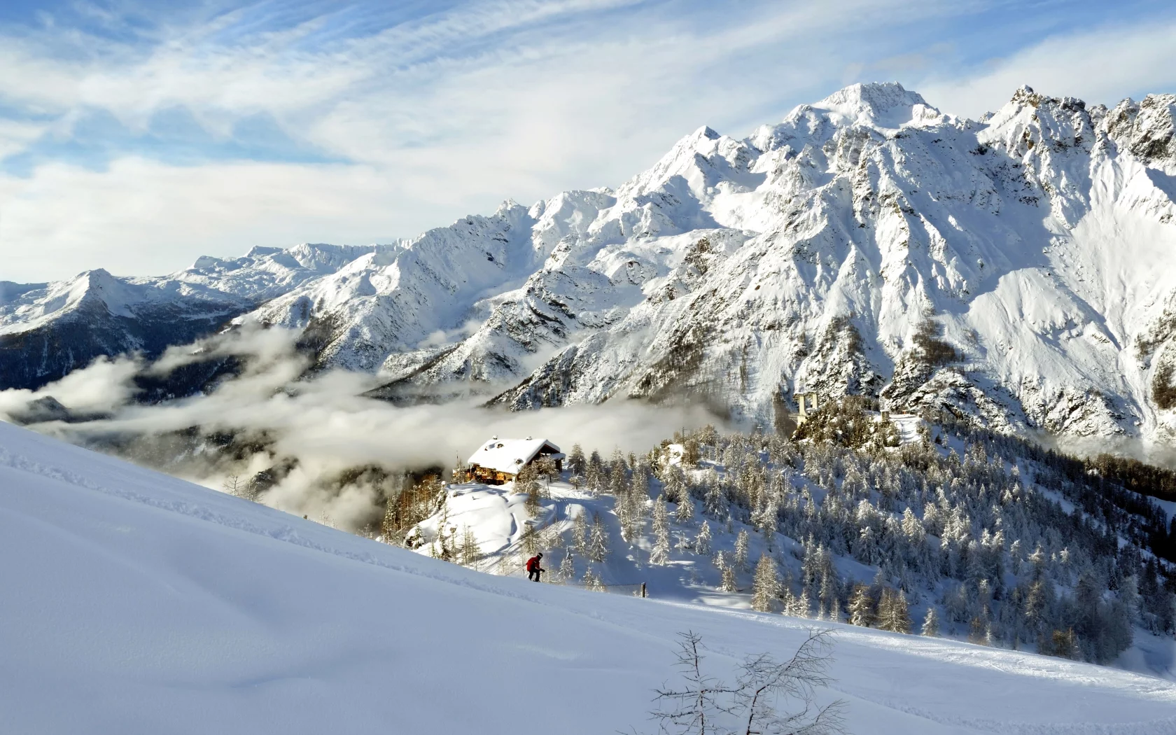 панорама, заснеженный, деревья, домик, небо, лыжник, горы, облака, snow mountains, туман, перистые, склон