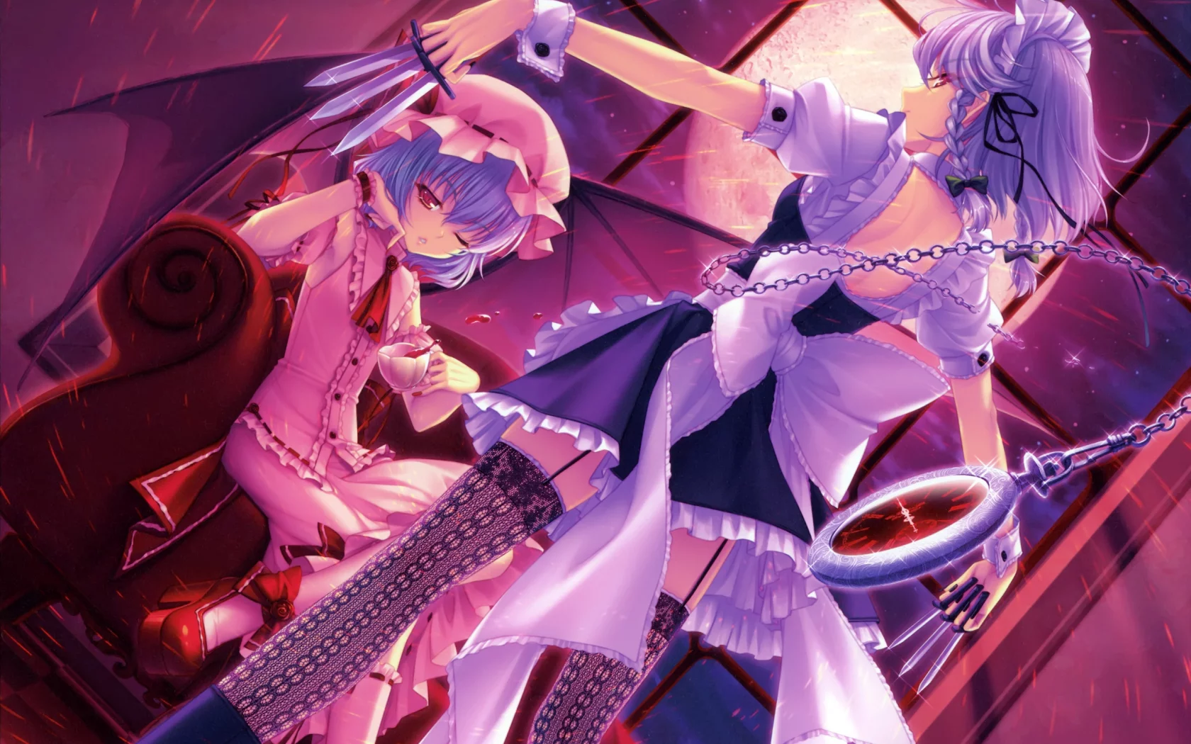 remilia scarlet, окно, ножи, крылья, цепь, девушки, луна, izayoi sakuya, часы, touhou