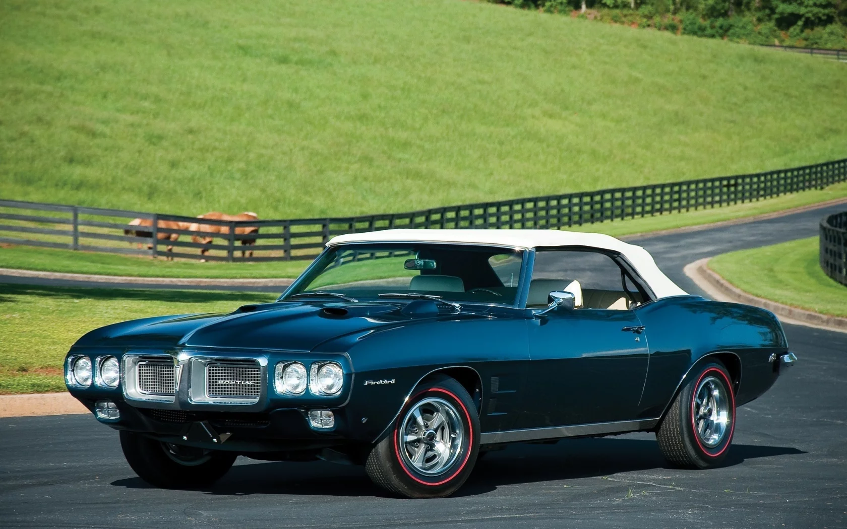pontiac, air iv convertible, firebird, 400 ram, дорога, лошади, изгородь