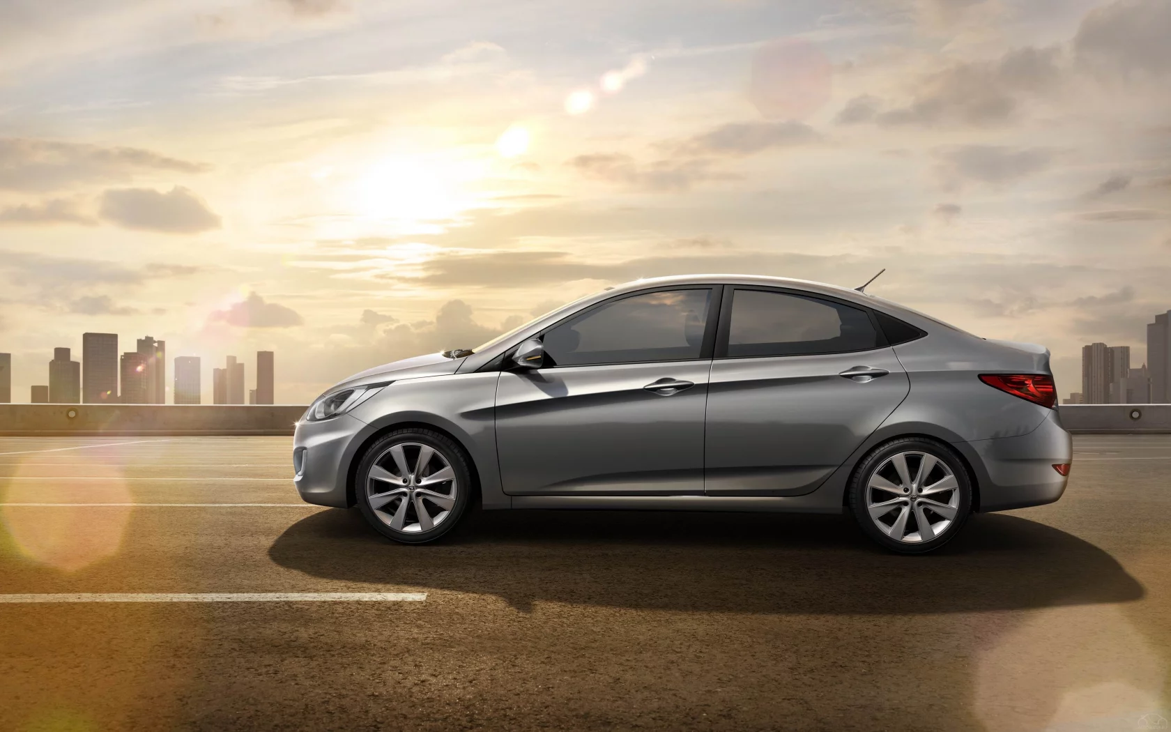 солнце, solaris, здания, дорога, hyundai