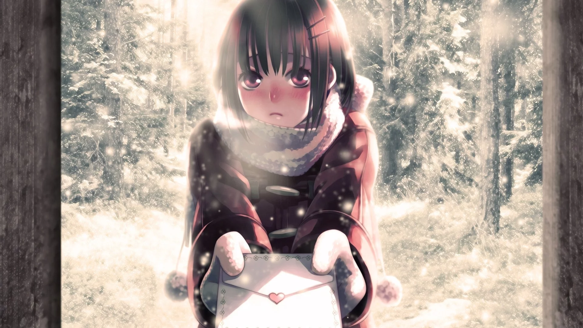 письмо, девочка, аниме, зима, сердечко, снег, minami seira