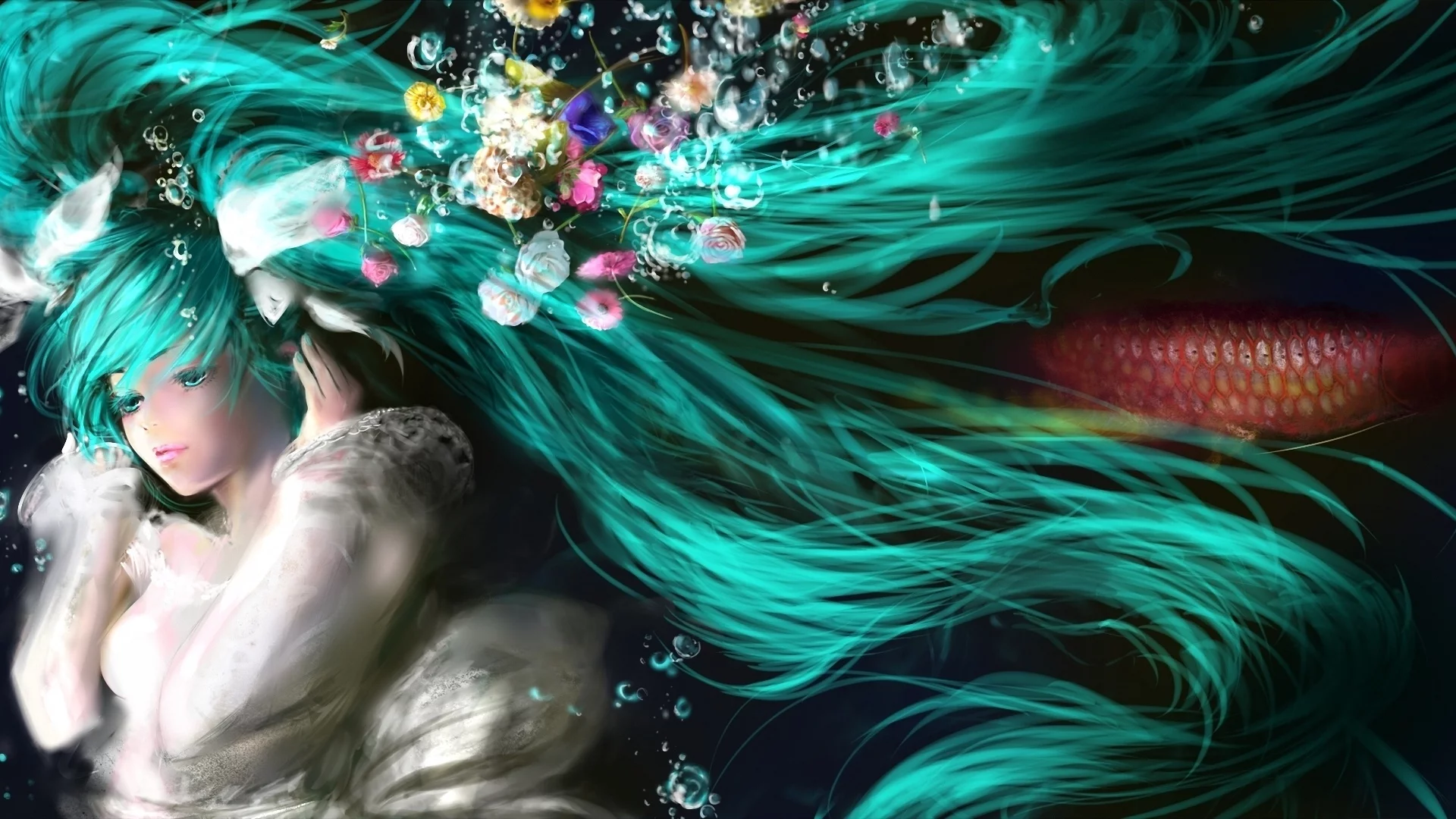 рыба, цветы, под водой, волосы, hatsune miku, пузыри, vocaloid