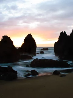 скалы, песок, камни, закат, море, берег