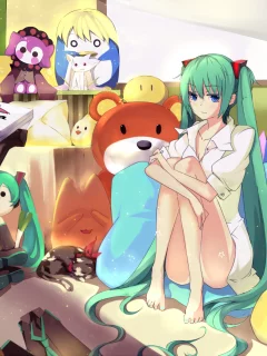 vocaloid, пицца, hatsune miku, компьютер, девушка, игрушки, комната