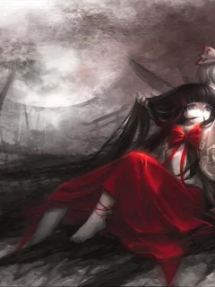 бант, touhou, развалины, аниме, девушки, луна