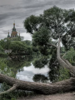 тучи, озеро, дерево, облака, природа, собор