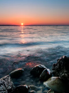 солнце, закат, море, камни