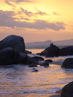 рыбалка, пейзаж, закат, море, рыбаки, валуны, вечер, настроение