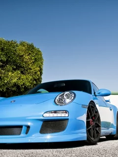 дерево, голубой, забор, передок, суперкар, tuning, 911, порше, porsche, тюнинг, небо