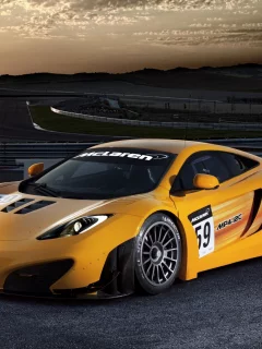 макларен, небо, гт3, гоночный трек, mclaren, gt3, желтый, облака, закат, mp4-12c, солнце