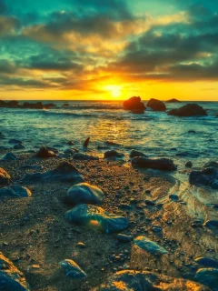 берег, закат, море, камни