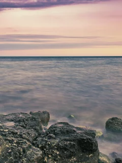 пейзаж, вода, горизонт, скалы, море, цвет, гладь, размытость, вечер, камни