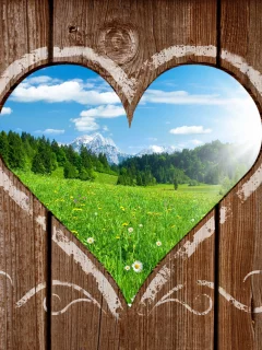 красивый, поляна, heart view, сердце, зелёная, деревянный, солнечный, горы, тёплый, пейзаж, landscape, забор, вид
