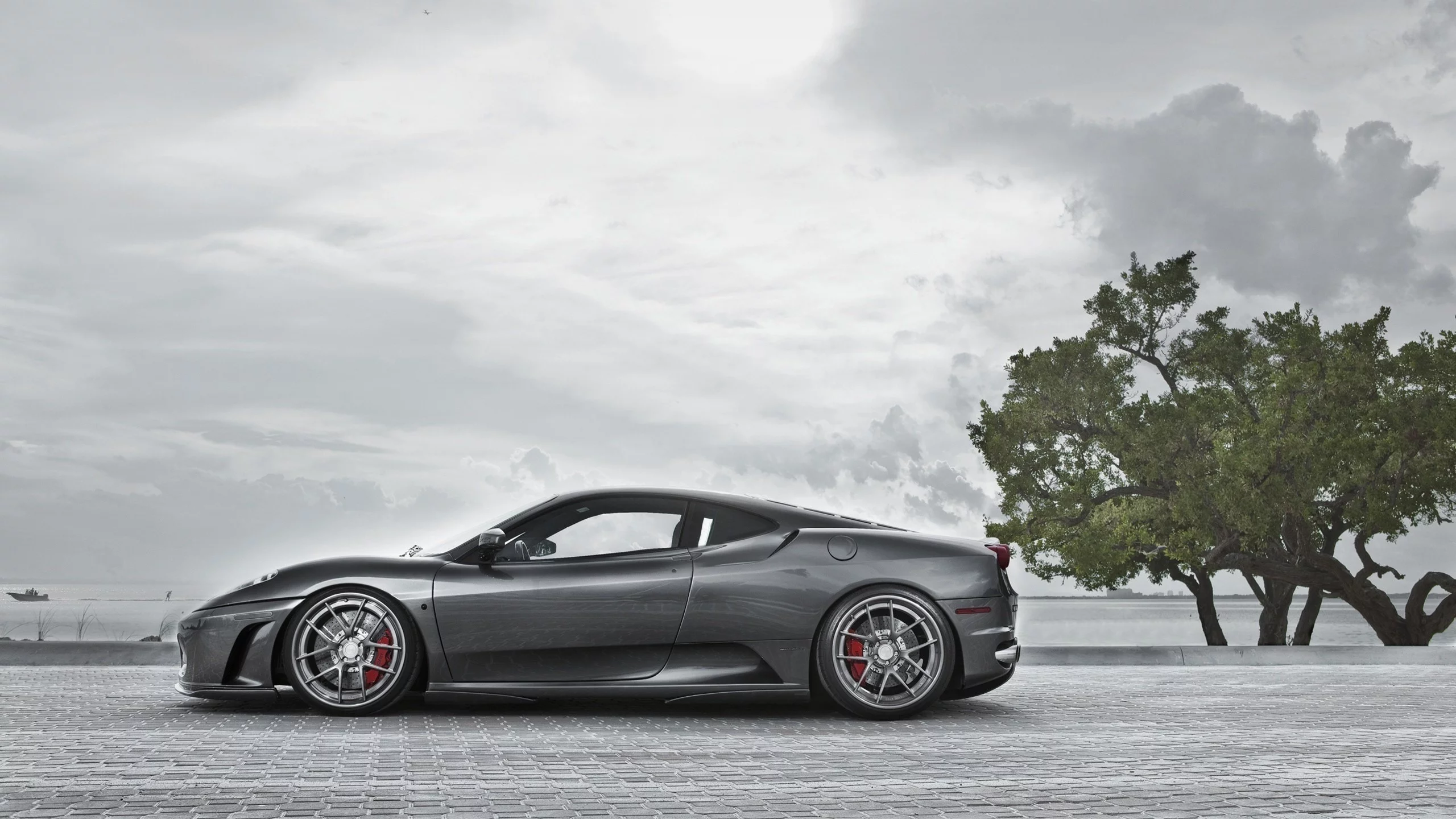 цвет, брусчатка, небо, горизонт, дерево, ferrari, побережье, серый