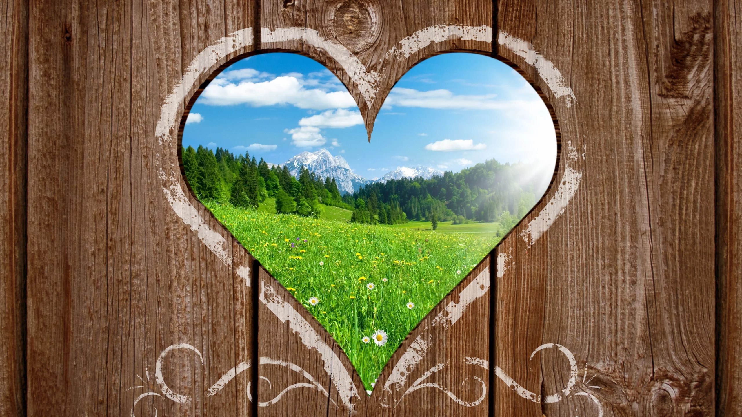 красивый, поляна, heart view, сердце, зелёная, деревянный, солнечный, горы, тёплый, пейзаж, landscape, забор, вид