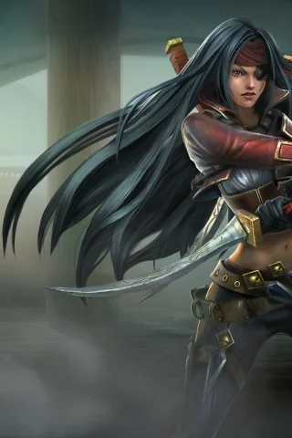 туман, кинжалы, пиратка, корабль, ножи, повязка, league of legends, девушка