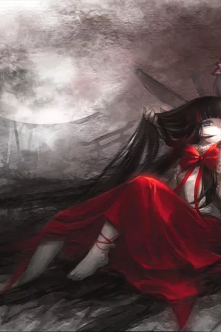 бант, touhou, развалины, аниме, девушки, луна