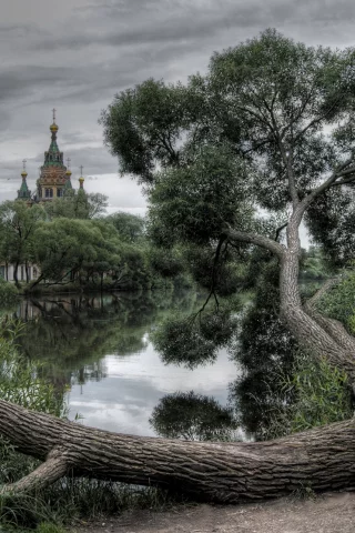 тучи, озеро, дерево, облака, природа, собор